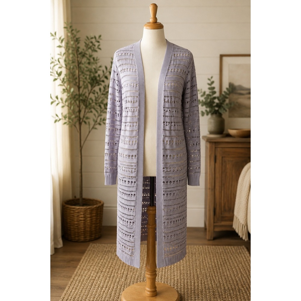 Kismet Lavender Open Knit Longline Cardigan Duster Boho Crochet Look M